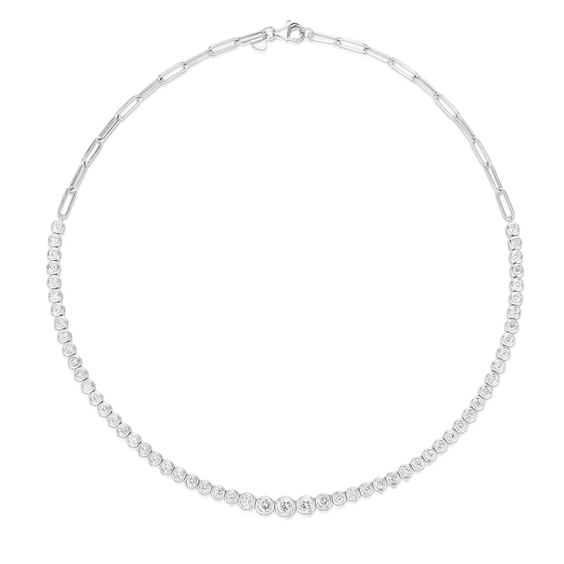 14K White Gold Bezel Graduated Tennis Necklace on PaperClip Chain