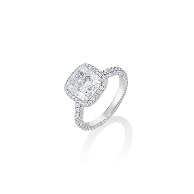 Platinum Custom Cushion Engagement Ring with Halo, Side Halo, Diamonds on all 3 Sides, Diamonds All The Way Around