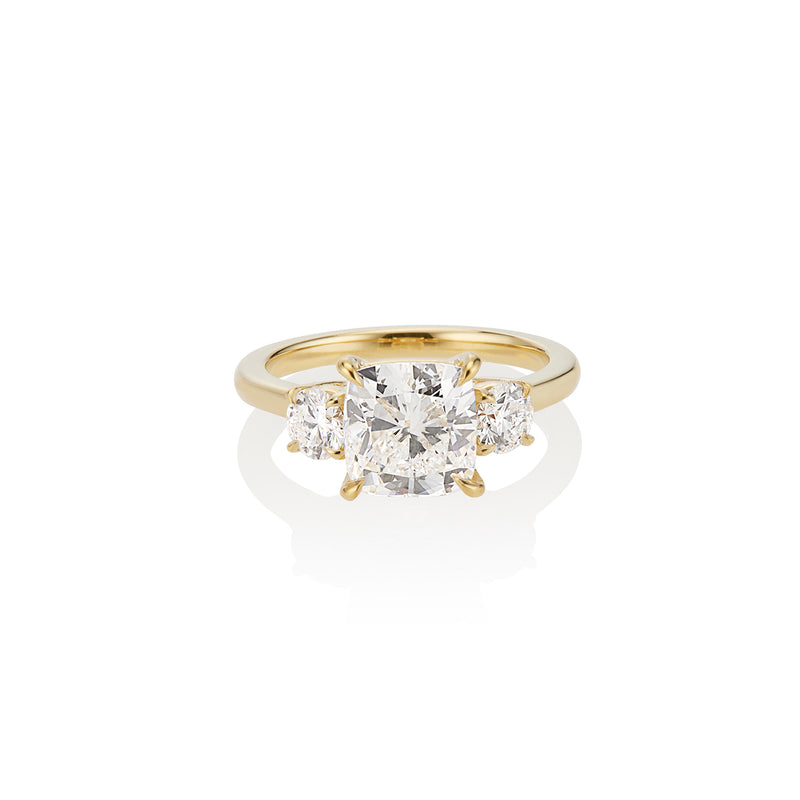 18K Yellow Gold Classic 3 Stone Ring with Cushion Center Stone + Round Diamond Side Stones