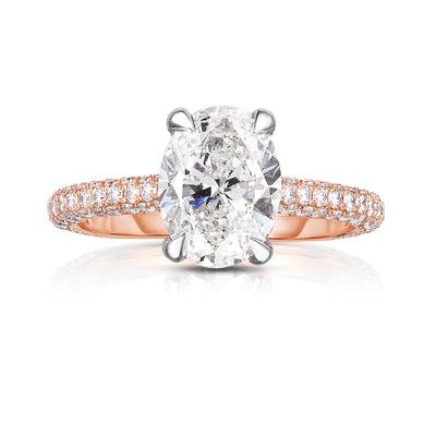 2 Tone Custom Rose Gold + Platinum Oval Engagement Ring with Halo, Hidden Halo, 3 Rows of MicroPave on Band, Diamonds on "V"