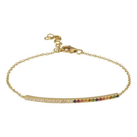 14K Gold Half Diamond / Half Rainbow Bar Bracelet, 0.30tcw, Bar 1.5inch