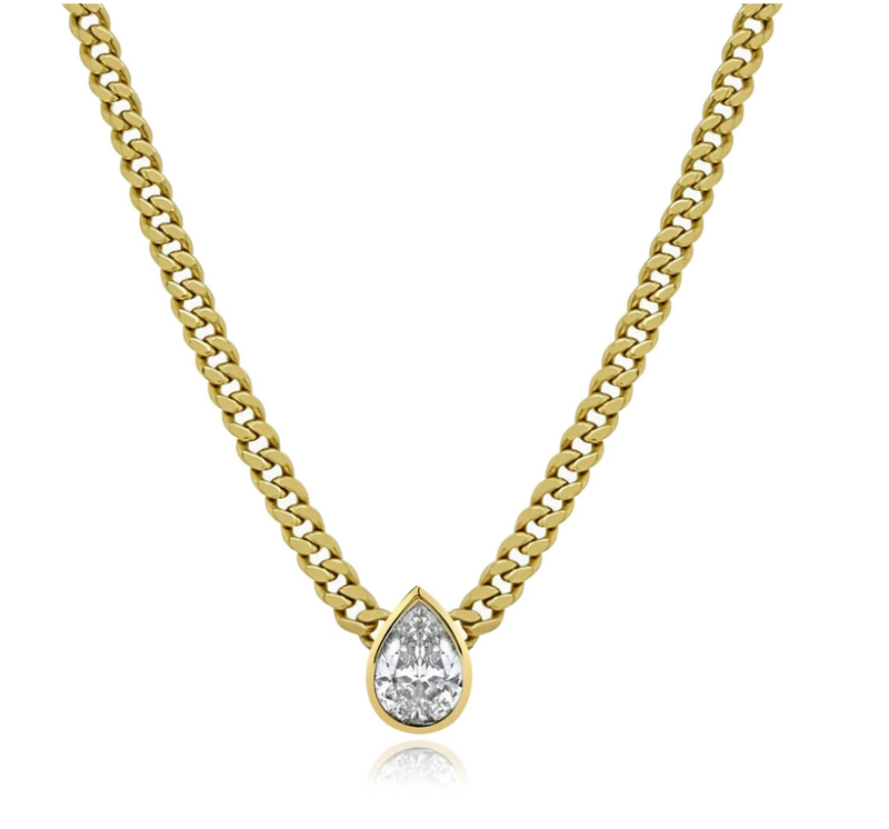 Bezel Pear Diamond Cuban Link Necklace