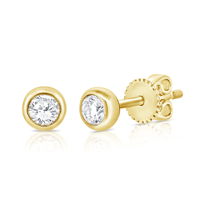 14K Yellow Gold Diamond Stud Round Bezel Set Earrings