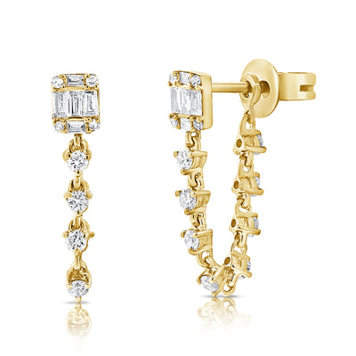 14K White Gold Baguette + Round Diamond Drop Earrings