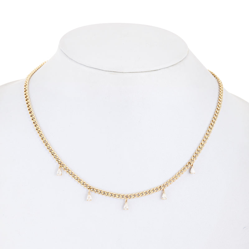 14K Yellow Gold Curb Chain Hanging Pear Diamond Necklace