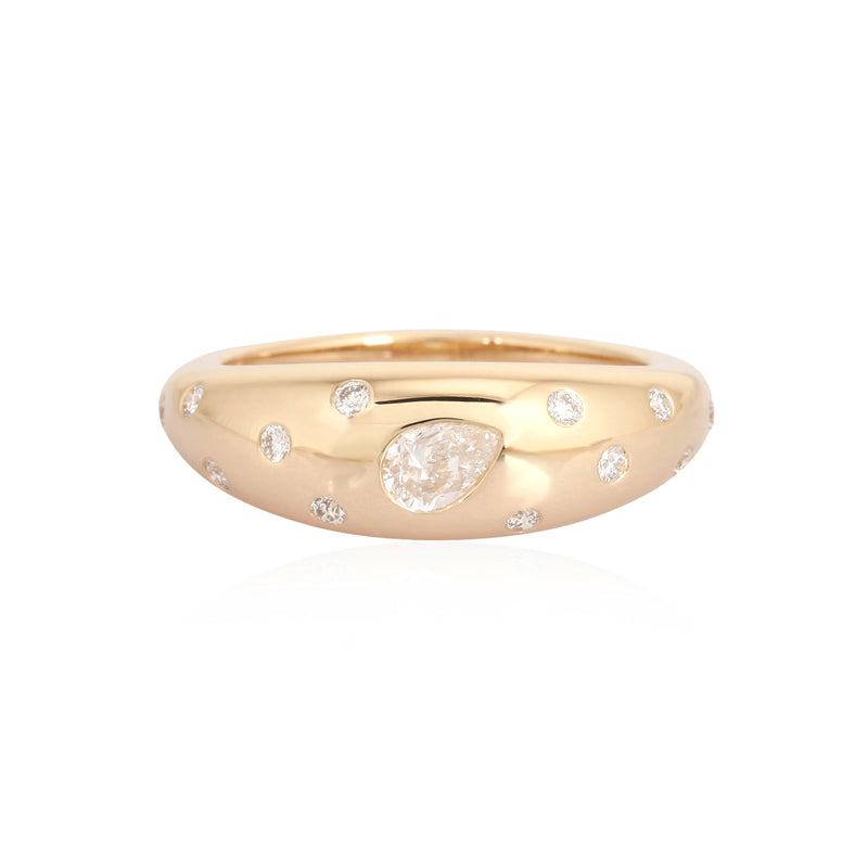 14K Yellow Gold Pear Shaped Diamond + Scattered Dome Ring