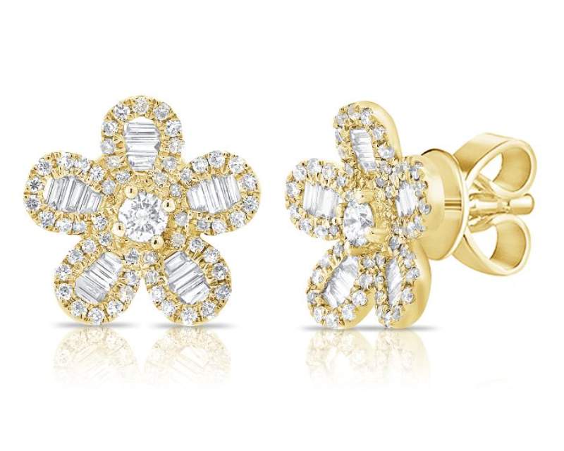 Flower Earrings with Round and Baguette Diamonds