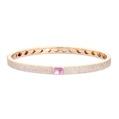 Bangle with Pink Sapphire Emerald Cut Center Stone + 4 Rows of Diamond Pave