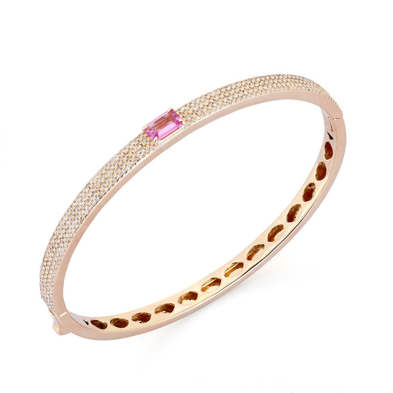 Bangle with Pink Sapphire Emerald Cut Center Stone + 4 Rows of Diamond Pave