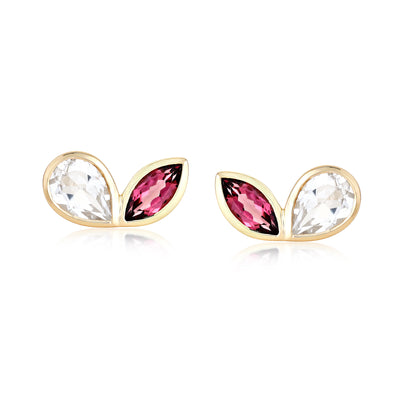 2 Stone Earrings, White Topaz + Red Garnet Pear Shape + Marquise