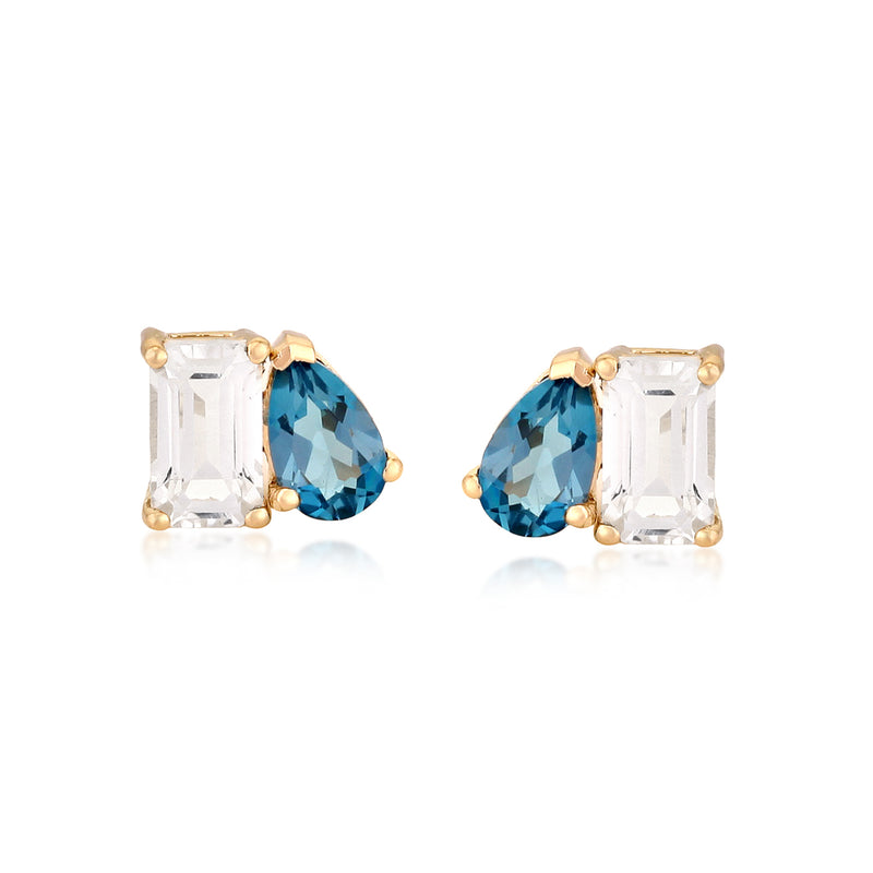 2 Stone Earrings, White Topaz + Blue Topaz Emerald + Pear Shape