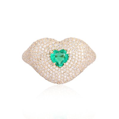 Heart Shape Green Emerald + Diamond Pave Signet Ring