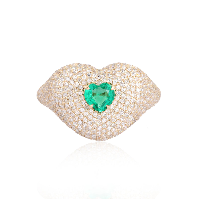 Heart Shape Green Emerald + Diamond Pave Signet Ring