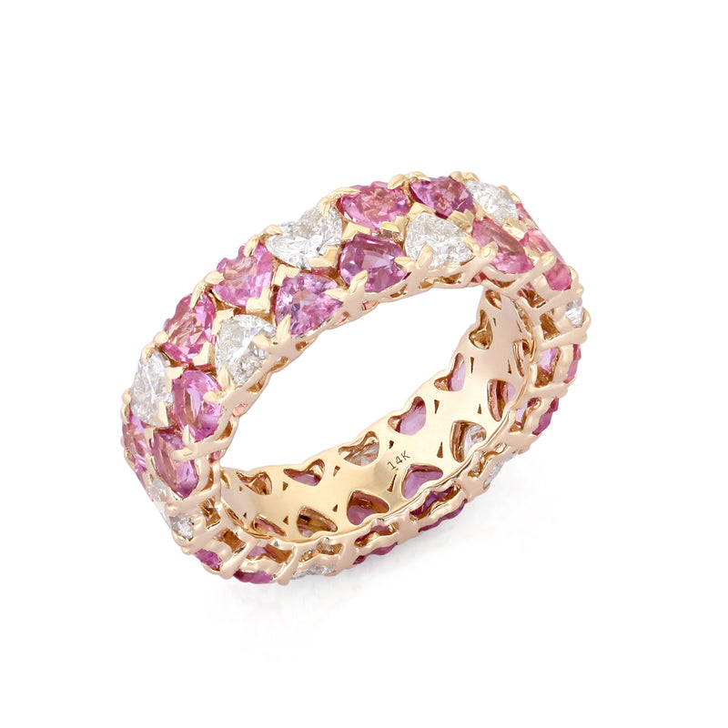 Heart Shape Pink Sapphire + Diamond Double Row Ring