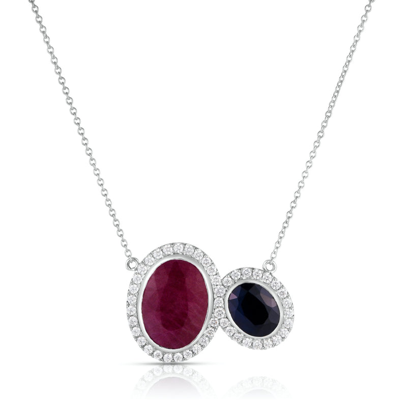 2 Stone Toi Moi Necklace with Ruby + Sapphire + Halo of MicroPave Diamonds