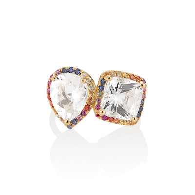 White Topaz Toi Et Moi Ring with Multi Colored Sapphire MicroPave