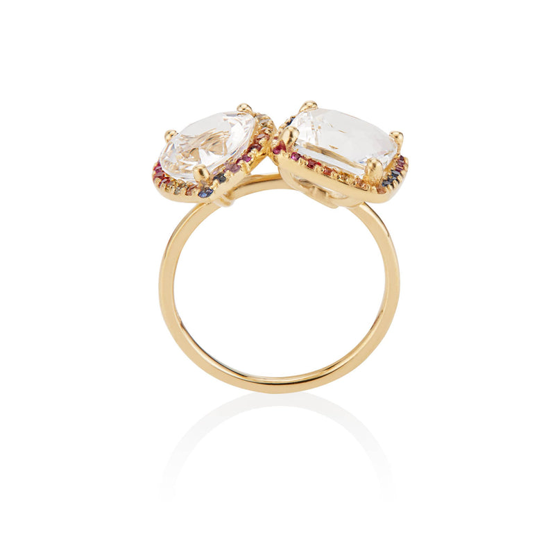 White Topaz Toi Et Moi Ring with Multi Colored Sapphire MicroPave