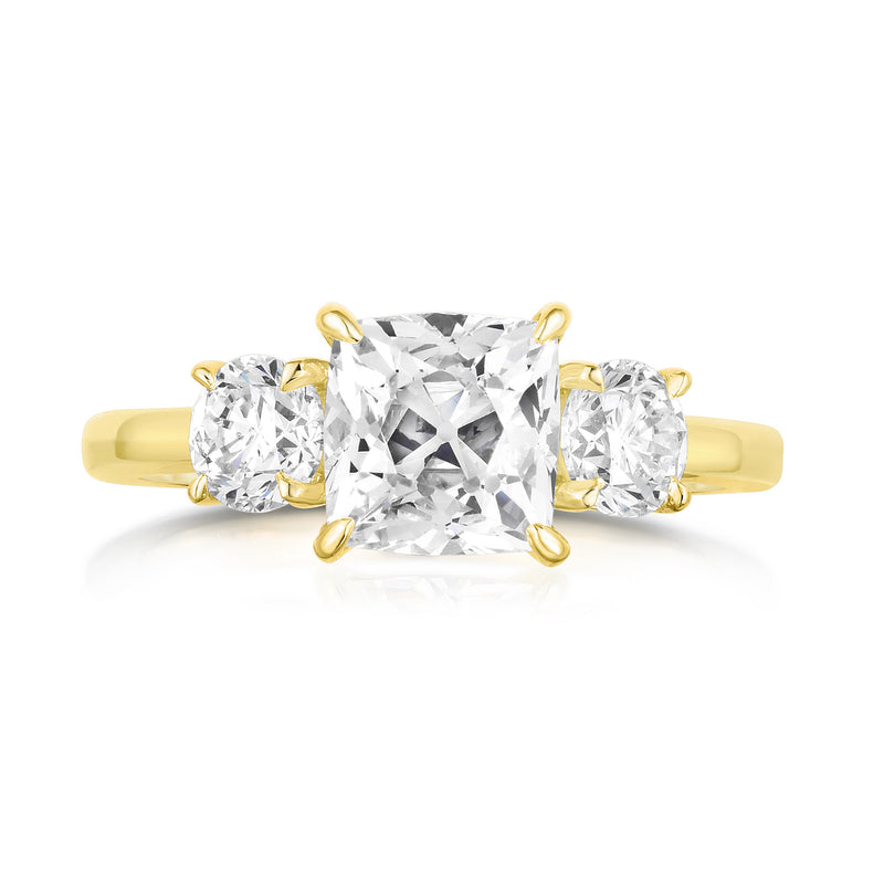 3 Stone Engagement Ring, Cushion Cut with Round Side Stones