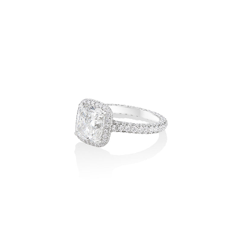 Platinum Custom Cushion Engagement Ring with Halo, Side Halo, Diamonds on all 3 Sides, Diamonds All The Way Around