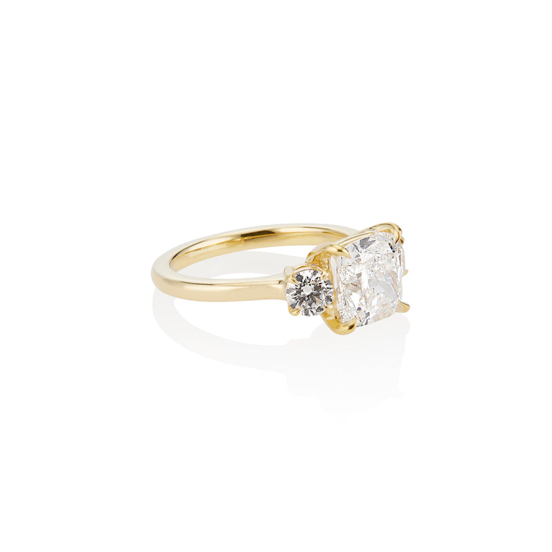18K Yellow Gold Classic 3 Stone Ring with Cushion Center Stone + Round Diamond Side Stones