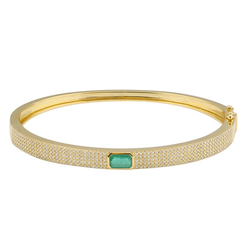 14K Gold Emerald Shape Emerald + Diamond Bangle, 0.57Ct Em, + 0.87Ct Diamonds, 5mm Width