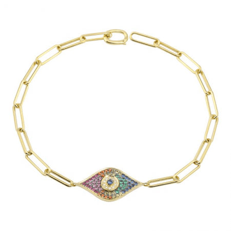 14K Gold Evil Eye Rainbow Sapphires + Diamonds on Paperclip Chain Bracelet, 0.35tcw