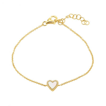 14K Gold Mother of Pearl Heart + Diamond Bracelet, 0.35tcw