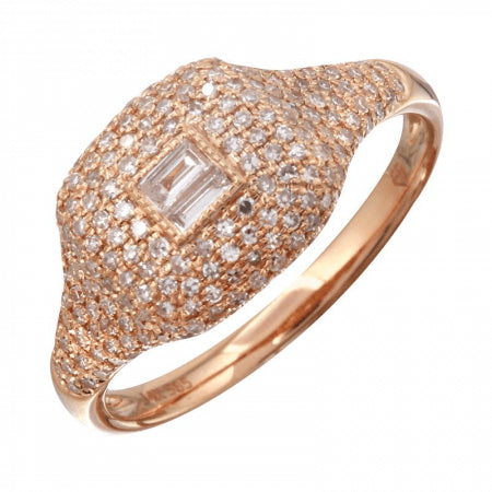 14K Gold Pink Signet Ring with Round Diamonds + Baguette Diamond, 0.55tcw