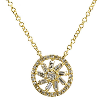 14K Gold Baguette + Round Diamond Necklace, 0.25tcw, 9.5mm Circle,16 Inches Plus 2 Inches Extenders