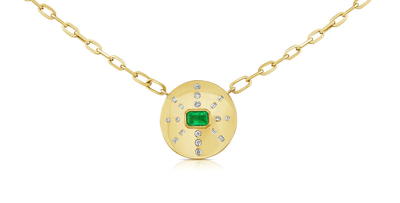 14K Yellow Gold Emerald 3 Stone + Pave Diamond Necklace