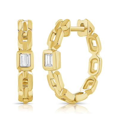 14K Yellow Gold Huggie Baguette Diamond Earrings