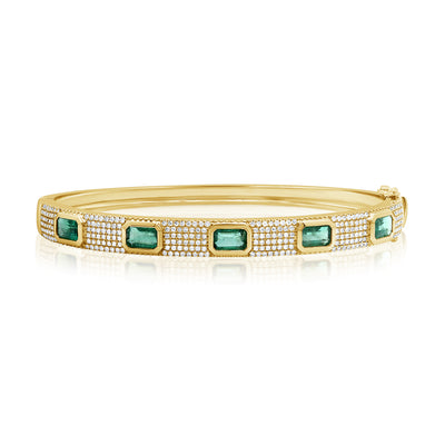 14K Yellow Gold Green Emerald + Diamond Pave Bangle