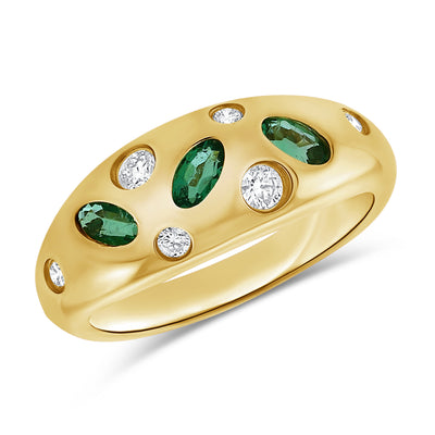 14K Yellow Gold Geometric Crossover Ring with Green Emeralds + Diamonds