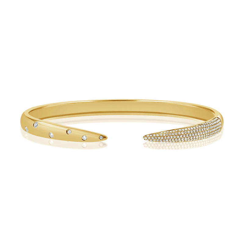 14K Yellow Gold Claw Bangle Half Micropave Half Scattered Diamonds