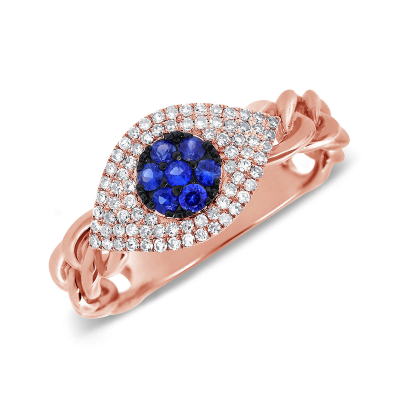 14K Yelow Gold Evil Eye Diamond + Sapphire Ring