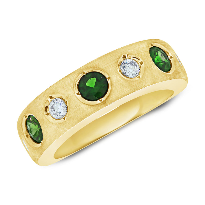 14K Yellow Gold Green Emerald + Diamond Bezel Ring