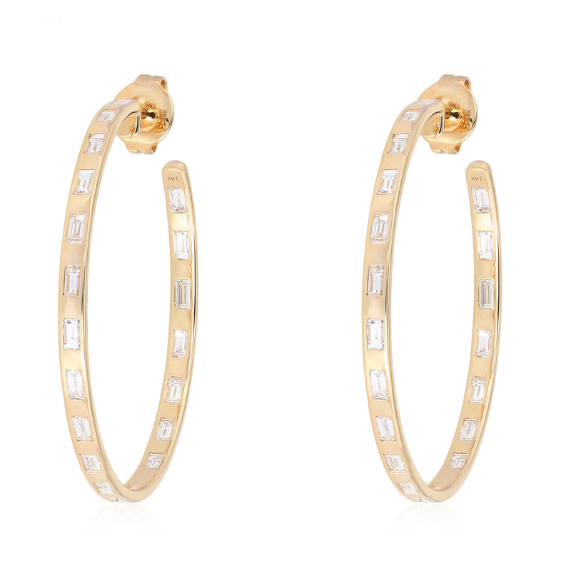 14K Yellow Gold Baguette Diamond Inside Out Hoop Earrings