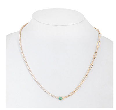 14K Yellow Gold Half Paperclip Half Diamond With Emerald Heart Center Necklace