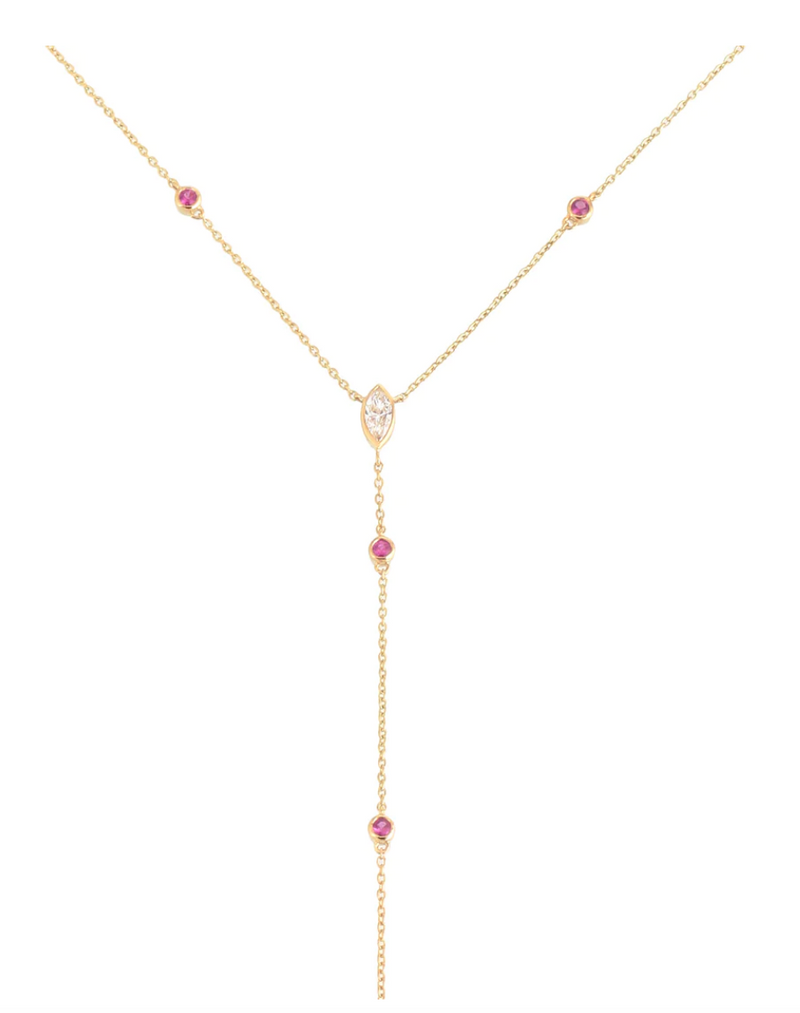 14K Yellow Gold Lariat Necklace With Marquise Diamond + Pink Sapphires