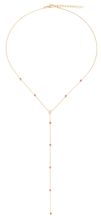 14K Yellow Gold Lariat Necklace With Marquise Diamond + Pink Sapphires