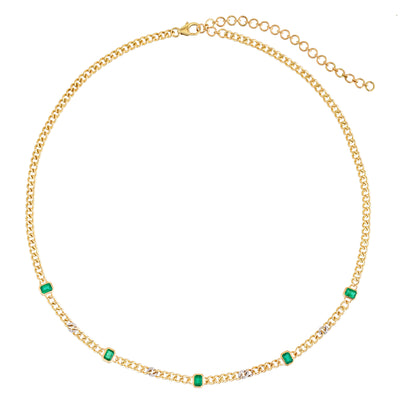 14K Yellow Gold Curb Chain Green Emerald + Pave Diamond Necklace