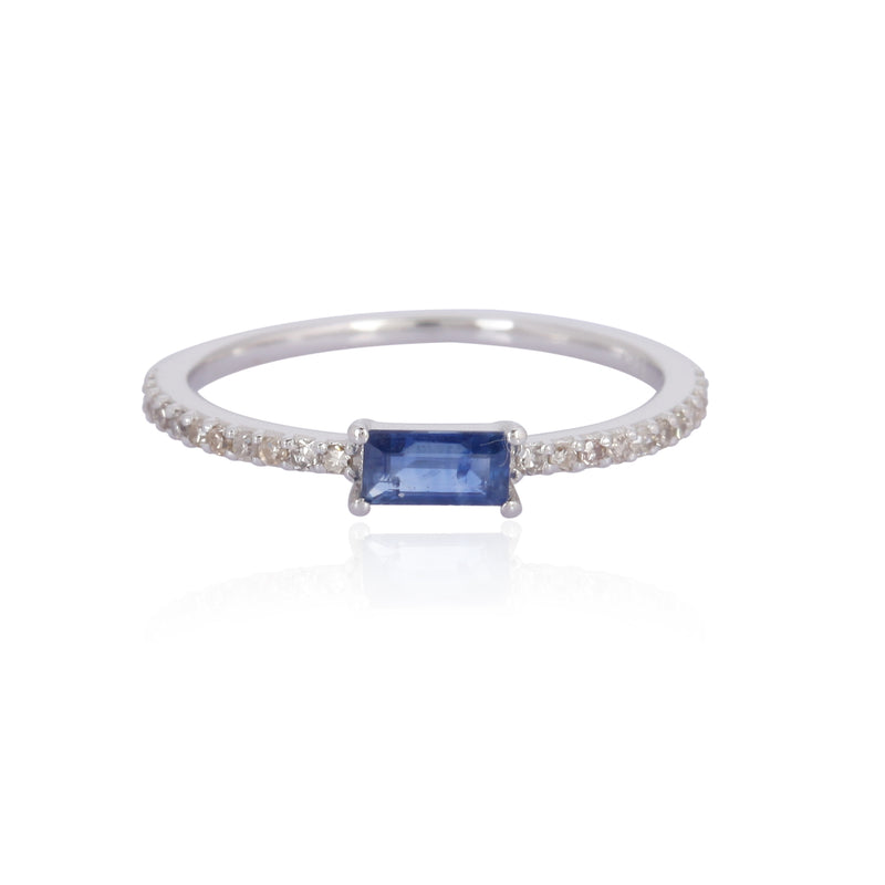 14K White Gold Blue Sapphire Baguette + Diamond Pave Ring
