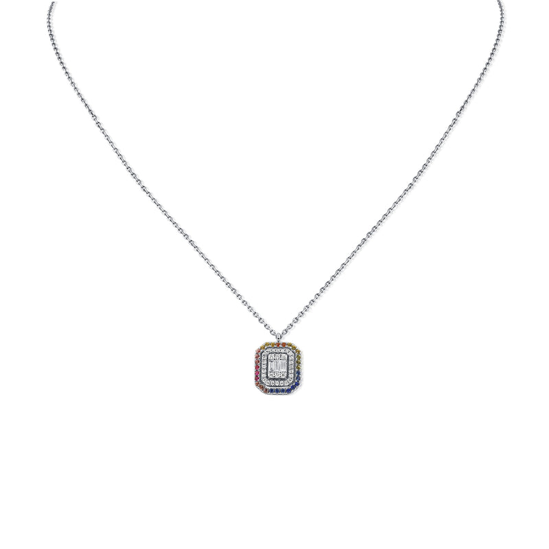 14K Yellow Illusion Baguette Diamond + Rainbow Necklace