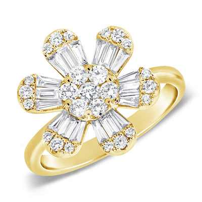 14K White Gold Baguette Flower Ring